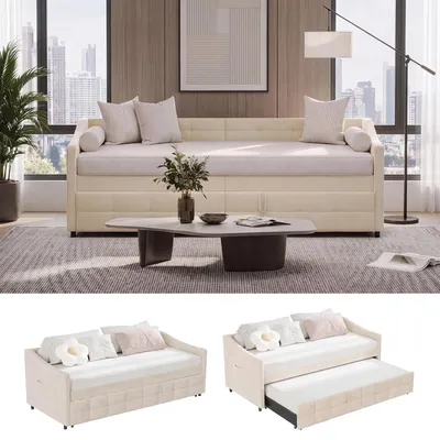 Image de Lit tiroir 90/180x200 cm, tissu velours beige, avec sommier à lattes, pour adultes
