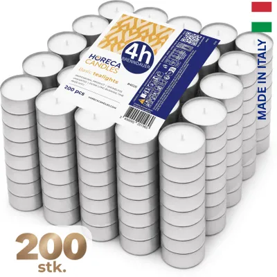 Produktbild von HORECA CANDLES Teelichter 200 Stück Weiß, 4h Brenndauer, Duftfrei, Paraffinwachs - Teelichte für Hochzeit, Gastronomie, Party, Tischdeko & Zuhause