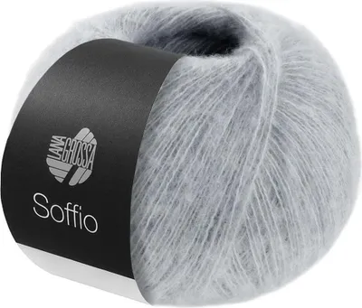 A ball of light gray yarn with a black label.