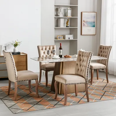 Immagine prodotto di okwish: Sedia da pranzo, sedia da cucina, sedia per il soggiorno con schienale reclinabile, set di 4, sedia imbottita con decorazioni a chiodini, gambe in legno massello, rivestimento in velluto, color beige