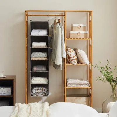 Immagine prodotto di Organizer per vestiti pieghevole, a 6 ripiani, da appendere alla parete, color grigio