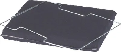 A black filter with a silver metal frame on a white background.