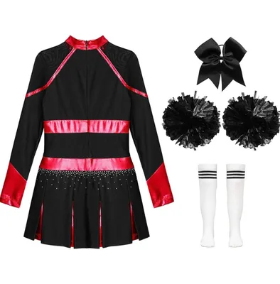 Immagine prodotto di Set di costumi da cheerleader per ragazze - abito da ballo con collo alto e pompon, calze e copricapo| taglia 170-176 | perfetto per sport, feste, carnevale e feste in maschera