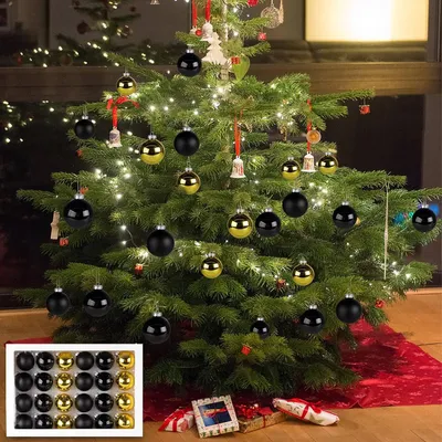 Produktbild von Weihnachtskugeln Schwarz Gold 24 Stück, Christbaumkugeln Glas 6 cm Matt & Glänzend für Weihnachtsbaum, Adventskranz & Tischdeko