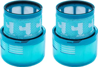 Two teal vacuum cleaner filters with white mesh.