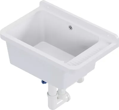A white plastic sink with plumbing attached, shown from a slightly elevated angle against a white background.
