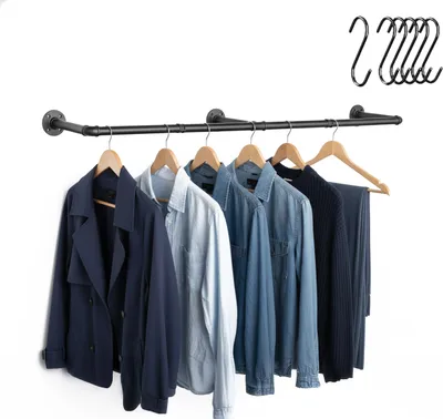 Produktbild von Relaxdays Kleiderstange Wandmontage, 140 cm, Industrial Design, 6 S-Haken, Schlafzimmer, Flur, Garderobenstange, schwarz
