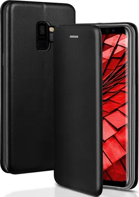 A black flip case for a smartphone is shown, with the phone's screen displaying a red abstract pattern.
