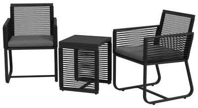 Image de Ensemble de table et chaises de jardin en rotin, composé de 3 pièces, avec table en verre. Couleur : noir et gris. Dimensions : 53 x 57 x 77 cm