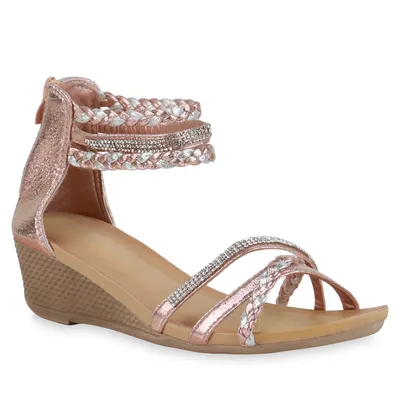 Produktbild von Mytrendshoe Damen Strass Sandaletten Keilsandaletten Sommer Metallic Schuhe 835089, Farbe: Rose Gold, Größe: 38