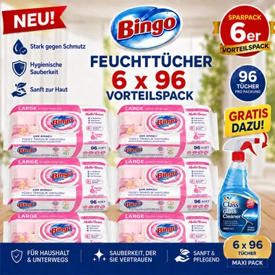 Zdjęcie produktu dla Bingo Pink 6x96 Blatt Blumenduft Reinigungstücher + Glasreiniger GRATIS