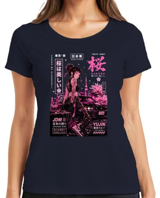 Immagine prodotto di Maglietta da donna, blu navy, taglia L, con scritta "Sakura JDM Japanese Pride", stile anime, ispirata al Giappone degli anni 2000 e al drifting