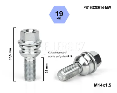 Obrázok produktu pre Skrutka kolesa M14x1,5x28 guľa R14 pohyblivá, kľúč 19, PS19D28R14-MW, výška 57,5