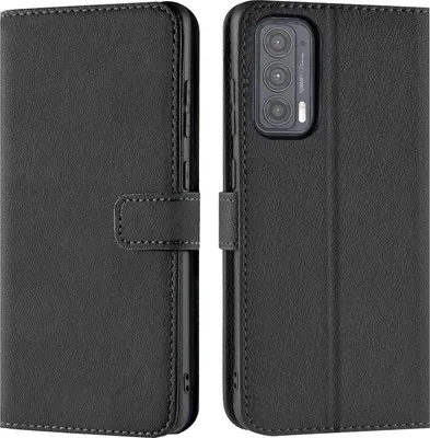 A black leather flip case for a smartphone is shown from two angles.
