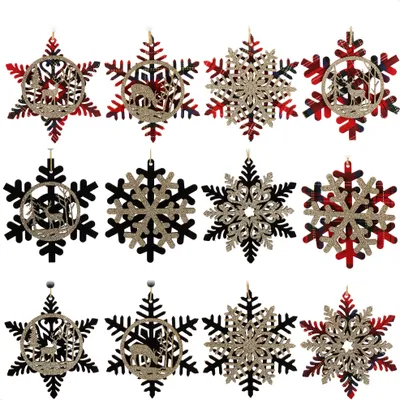 Produktbild von com-four® 12x Tannenbaumschmuck Holz-Anhänger Set - Weihnachtsbaumschmuck zum Dekorieren - Christbaumschmuck im Schneeflockendesign