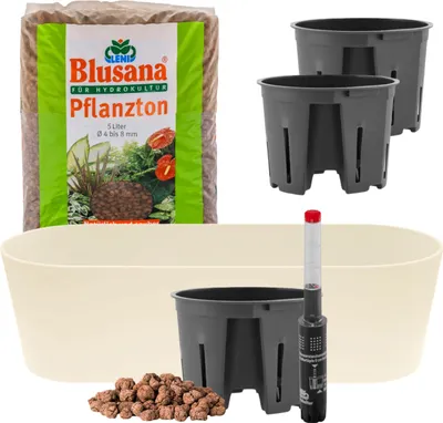 Produktbild von Leni Flori Jardiniere Blumentopf länglich 36 cm panna / hell beige Hydrokultur-Komplett-Set mit Übertopf Hydro-Töpfen Wasserstandsanzeiger & Pflanzton