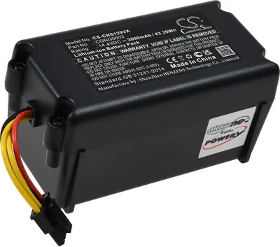 A black lithium-ion battery pack for a robot vacuum cleaner is shown against a white background.