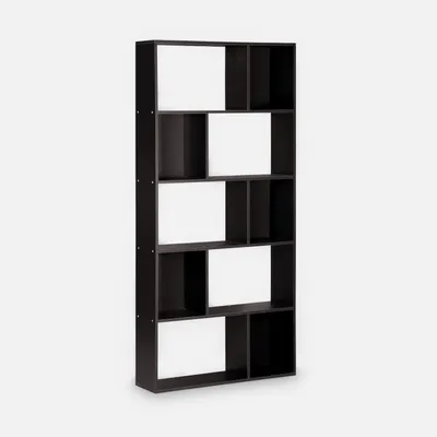 A black bookshelf with alternating white and black compartments against a light gray background.
