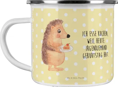 Produktbild von Mr. & Mrs. Panda Emaille Tasse Igel Kuchenstück - Gelb Pastell - Geschenk, Geburtstagskuchen, Teetasse, Essen Spruch, Kaffeepott, Torte, Kuchen, Pott, Haferl, Becher