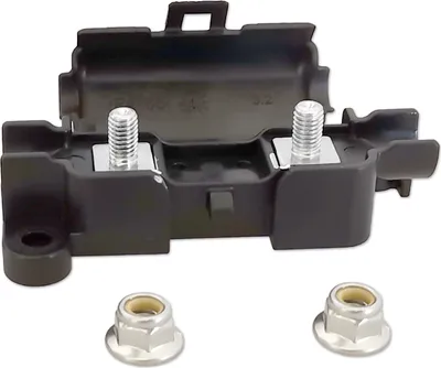 A black fuse holder with two silver threaded posts and two silver nuts are shown against a white background.