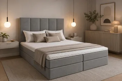 Produktbild von MODERN ROOM Boxspringbett mit Bettkasten LINZ 120x200 cm H3 geflechtes Stoff Polsterbett mit Matratze Topper Doppelbett Bett Schlafzimmer, hellgrau, KI-generiertes Bild