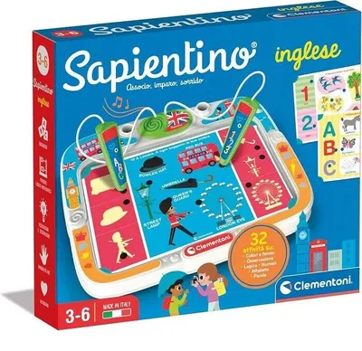 Productafbeelding van Clementoni Sapientino – Englisch, Lernspiel mit sprechenden Stiften Kinder 3-6 Jahre, mit 16 Karten und mehr als 32 Aktivitäten zum Lernen von englischen Vokabeln, Italy, italienische Sprache