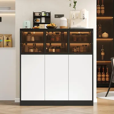 Image de Meuble TV moderne avec éclairage, 3 portes en verre, 3 portes blanches, commode pour salon, entrée, meuble de rangement 100x40x105cm, blanc et noir