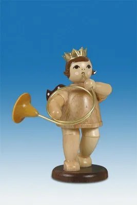 Produktbild von Holzfigur Musikantenengel mit Parforcehorn und Krone natur Höhe 6,5cm NEU