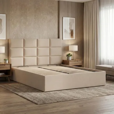 Produktbild von Polsterbett 180x200 cm mit Lattenrost, stabiles Doppelbett mit dekorativem Kopfteil, ohne Bettkasten, Geflecht, Beige YORK 180 x 200