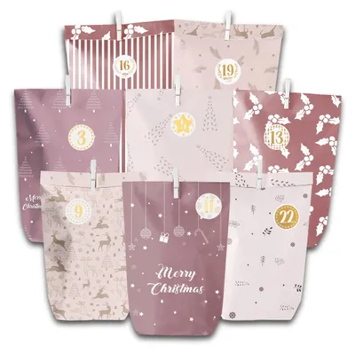Produktbild von Adventskalender Tüten Set - 28 Papiertüten zum Selbstbefüllen mit Zahlenstickern, Holzklammern und Juteschnur