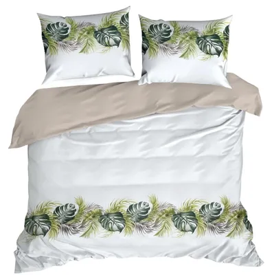 Image de EUROFIRANY | Linge de lit - Parure de lit - 160 x 200 cm - blanc - vert - 100 % coton - Linge de lit - Motif à feuilles