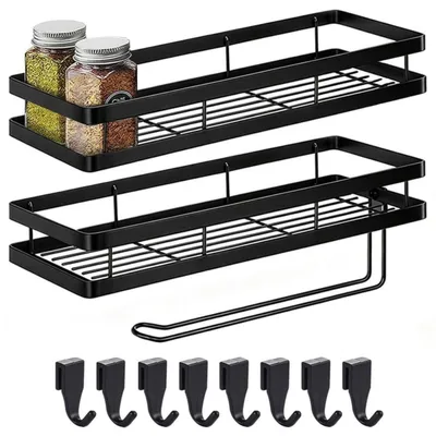 Produktbild von Gewürzregal Wand 2er Set mit Küchenrollenhalter Metall Selbstklebend Organizer 8 Haken Schwarz 35 x 12 x 5,7 cm