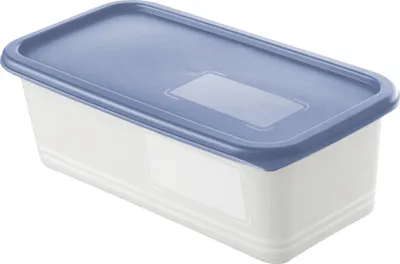 A white rectangular food storage container with a blue lid, shown from a slightly elevated side angle on a white background.