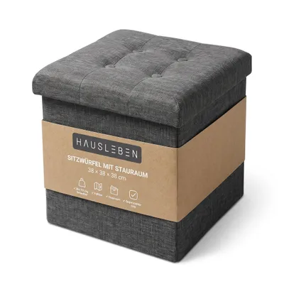 Produktbild von hausleben Sitzwürfel mit Stauraum – 38×38×38 cm - Faltbare Aufbewahrungsbox & Sitzhocker - Stabil bis 120 kg - Sitzbank & Lagerbox in Grau - Praktisch für Wohnzimmer, Schlafzimmer & Flur, KI-generiertes Bild