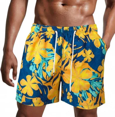 Produktbild von Kurze Badehose für Herren aus schnelltrocknendem Polyester mit Mesh-Innenfutter und verstellbarem Kordelzug – Badeshorts – Strandbekleidung