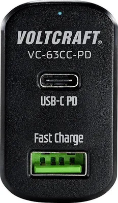 Produktbild von VOLTCRAFT CAS-63 USB Ladegerät 63 W 1x USB-A, 1x USB-C® USB PD Schwarz KFZ USB Power Delivery (USB-PD)