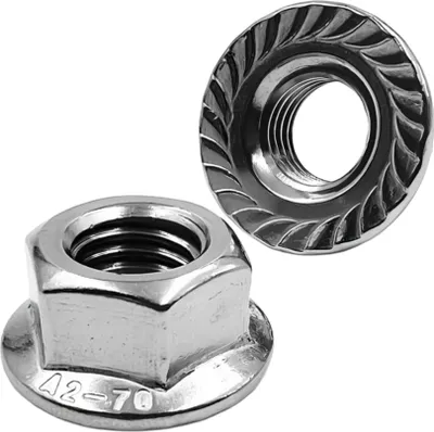 Two silver nuts with hexagonal bases and serrated flanges are shown against a white background.