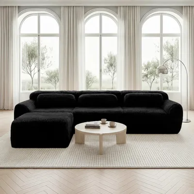 Produktbild von MODFU Dreisitzer Ecksofa,Modulares Sofa mit Geschwungene und 1 Ottoman,L-förmiges Relaxsofa mit Rutschfester Boden & Kissen,Plüschstoff,Schwarz