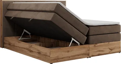 Produktbild von MKS MEBLE Boxspringbett, Doppelbett mit zwei Multipocket-Matratzen ALBERO 1 KING, Bettkästen und Kopfteil, Holzkiste in Wotan-Eichenfarbe - 160x200 cm - H3 - Braun Velvet