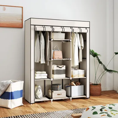 Produktbild von Stoffschrank mit 2 Kleiderstangen, Vliesstoff-Kleiderschrank, 8 Regalböden, Cremeweiß | 125 x 43 x 162,5 cm | Stahlrahmen | Reißverschluss