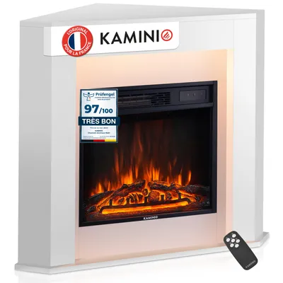 Image de Cheminée électrique KAMINIO MATTI - Cheminée d'angle électrique avec chauffage, effet flammes 3D, éclairage d'ambiance LED, télécommande - d'angle, blanche