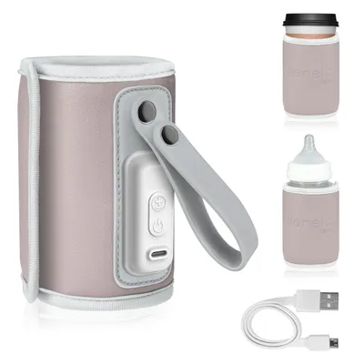 A collage of a portable baby bottle warmer and its accessories.