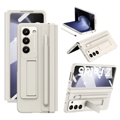 Obrázek produktu pro Kožené pouzdro na Samsung Galaxy Z Fold 5 s koženým pantem, ochranou displeje, stojánkem a držákem na stylus Bílý
