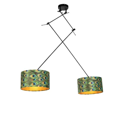 Produktbild von QAZQA - Klassisch I Antik Hängelampe I Pendellampe I Pendelleuchte mit Samtschirmen Pfau mit Gold I Messing 35 cm - Blitz II schwarzI 2-flammig I Wohnzimmer I Schlafzimmer - Textil Zylinder I Länglich