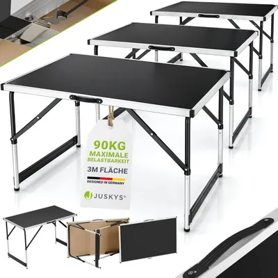 Produktbild von Juskys Multifunktionstisch 3 teilig - klappbar, höhenverstellbar - Alu Klapptisch 100x60 cm - Flohmarkt, Tapeziertisch, Campingtisch - Tisch Schwarz