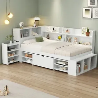 Produktbild von okwish Jugendbett Klassische Betten 90x200cm mit Schubladen, Bücherregal und Stauschrank, Plattformbett Holzbett Bettgestell mit Lattenrost,weiß