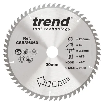 Kreissägeblatt 260 mm, 60 Zähne, 30 mm Bohrung, TCT