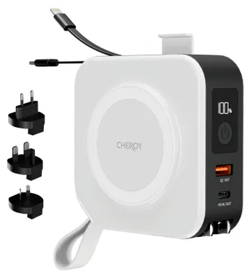 Produktbild von CHEROY ChargePack Multi - 5 in 1 Travel Power Bank - 10.000mAh Kabelloses Ladegerät - Weltstecker - Reisestecker - Schnellladegerät - MagSafe kompatibel - Weiß
