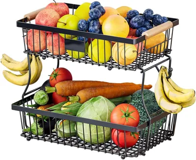 Produktbild von Obstschale 2-stöckiger Obstkorb mit haken abnehmbar Metall Organizer Obst Etagere,mit Holzgriff und 2 Bananenhängern, für Obst, Gemüse, Brot, Snacks