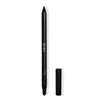 A black eyeliner pencil with its cap off, placed next to it, on a white background.